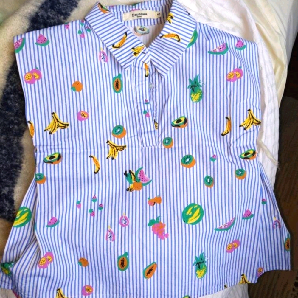 Sleeveless Striped Fruit Blouse